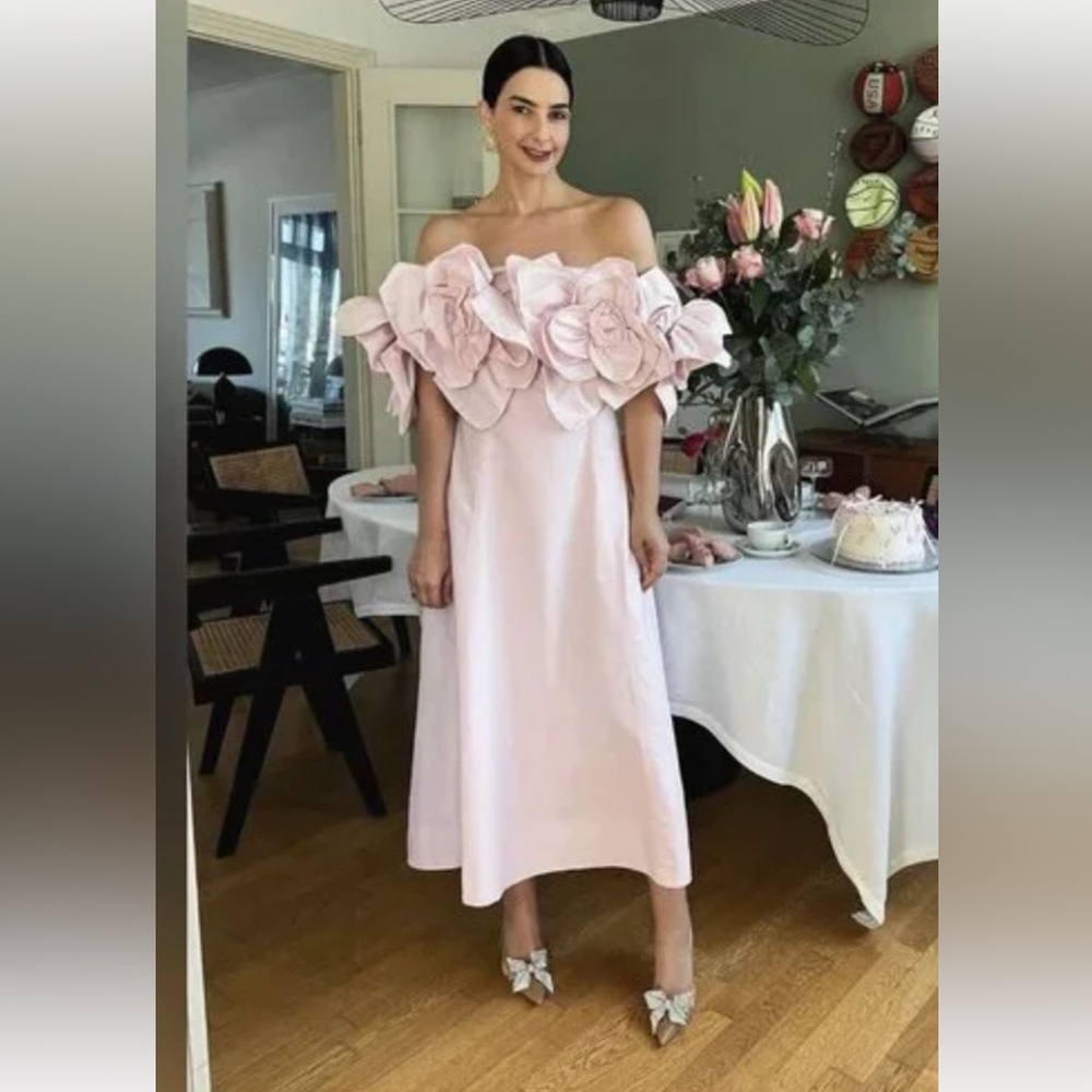 Aje Strapless Pink Floral Appliqué Midi Dress